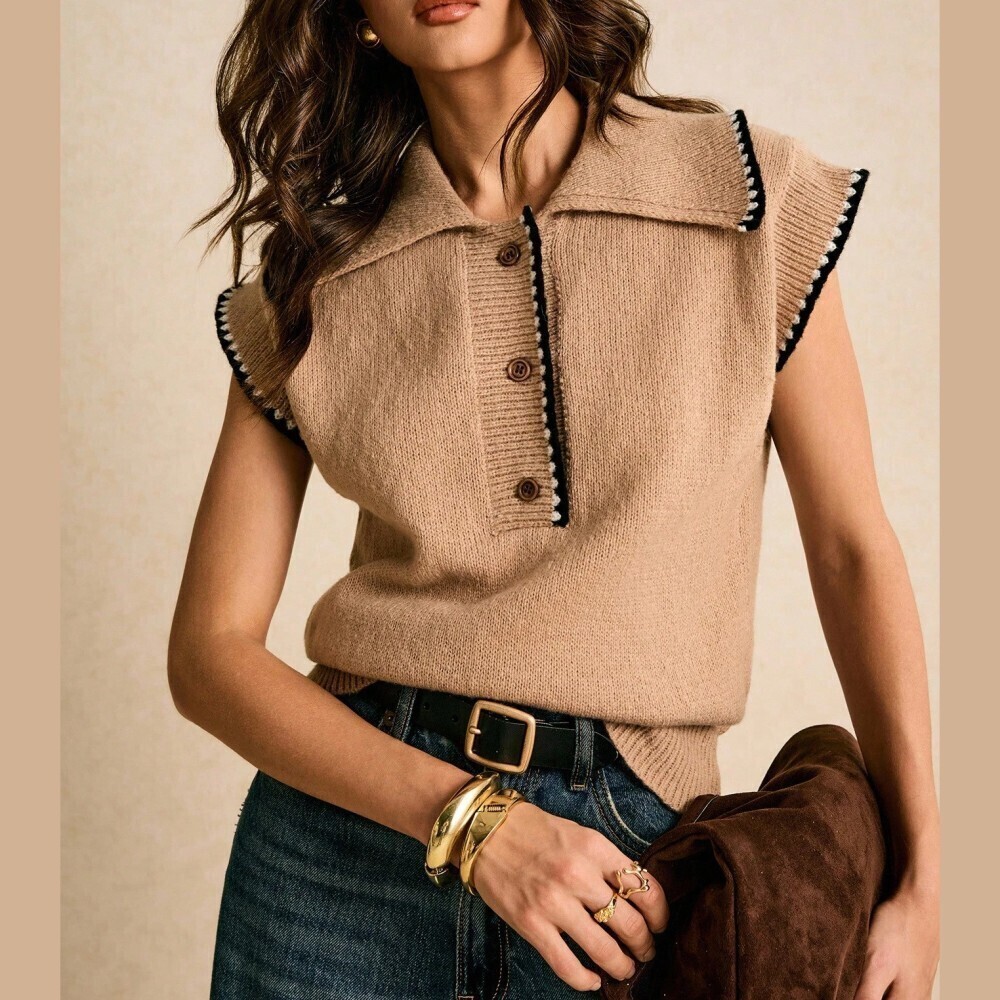 Camel Knit Polo Sweater Vest with Contrast Trim Collar
